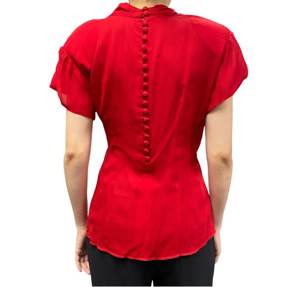 Vintage Red Faux Wrap Draped V Neck Button Back Blouse - Picture 4 of 5